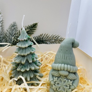Zöld Manó és Csillámos Fenyőfa Gyertyaszett, Karácsony, Karácsonyi lakásdekoráció, Karácsonyi illatgyertya, mécses, Gyertya-, mécseskészítés, MESKA