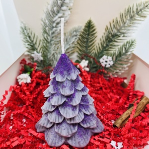 Lila Csillámos Fenyő és Manó Gyertyaszett - karácsony - karácsonyi lakásdekoráció - karácsonyi illatgyertya, mécses - Meska.hu