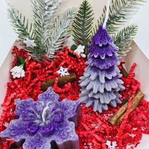 Lila Csillámos Fenyő és Manó Gyertyaszett - Meska.hu