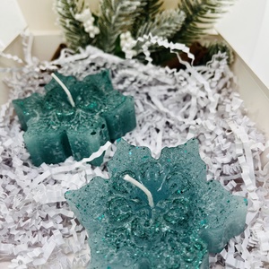 Csillámos Türkiz Téli Gyertyaszett - karácsony - karácsonyi lakásdekoráció - karácsonyi illatgyertya, mécses - Meska.hu