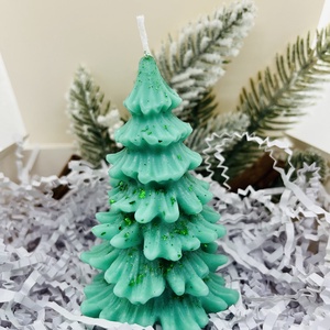 Zöld Fenyőfa Gyertya zöld csill�mmal, Karácsony, Karácsonyi lakásdekoráció, Karácsonyi illatgyertya, mécses, Gyertya-, mécseskészítés, MESKA