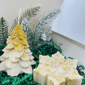 Bézs Arany Csillámos Fenyőfa és hópehely Gyertya Szett , Karácsony, Karácsonyi lakásdekoráció, Karácsonyi illatgyertya, mécses, Gyertya-, mécseskészítés, MESKA