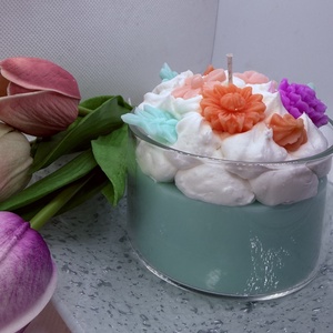 Apró virágos üveges d�szgyertya - menta zöld alappal - otthon & életmód - gyertya, illat, aroma - gyertya - Meska.hu