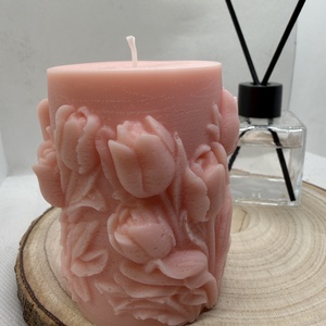 Kézműves tulipánmintás díszgyertya � púderrózsaszín romantika, Otthon & Életmód, Gyertya, illat, aroma, Gyertya, Gyertya-, mécseskészítés, MESKA