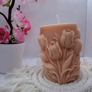 Kézműves tulipánmintás díszgyertya � barackvirág színben, Otthon & Életmód, Gyertya, illat, aroma, Gyertya, Gyertya-, mécseskészítés, MESKA
