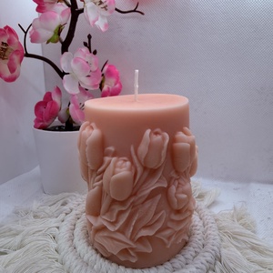 Kézműves tulipánmintás díszgyertya � barackvirág színben - otthon & életmód - gyertya, illat, aroma - gyertya - Meska.hu
