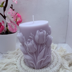 Kézműves tulipánmintás díszgyertya � paszell lila színben, Otthon & Életmód, Gyertya, illat, aroma, Gyertya, Gyertya-, mécseskészítés, MESKA