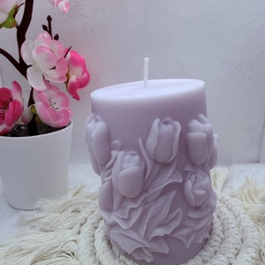 Kézműves tulipánmintás díszgyertya � paszell lila színben - otthon & életmód - gyertya, illat, aroma - gyertya - Meska.hu