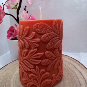 Kézműves pávás díszgyertya - korallpiros színű  - otthon & életmód - gyertya, illat, aroma - gyertya - Meska.hu