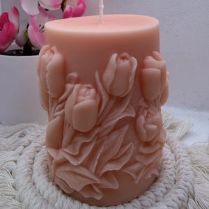 Kézműves tulipánmintás díszgyertya � barackvirág színben, Otthon & Életmód, Gyertya, illat, aroma, Gyertya, Gyertya-, mécseskészítés, MESKA