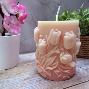 Kézműves tulipánmintás díszgyertya � rózsaszín átmenetes színben, Otthon & Életmód, Gyertya, illat, aroma, Gyertya, Gyertya-, mécseskészítés, MESKA