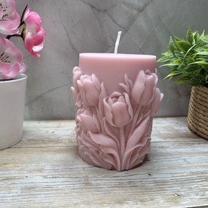Kézműves tulipánmintás díszgyertya � pasztell rózsaszín színben, Otthon & Életmód, Gyertya, illat, aroma, Gyertya, Gyertya-, mécseskészítés, MESKA