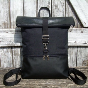   ROLL TOP CITY BAG : Fekete bőr cordurával - táska & tok - hátizsák - roll top hátizsák - Meska.hu
