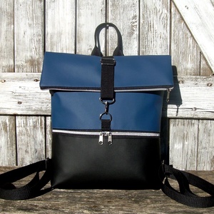  ROLL TOP CITY BAG : Variációk fekete bőrre kékkel és ezüsttel - Meska.hu