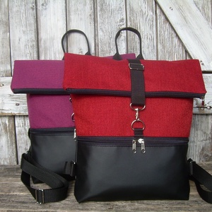  ROLL TOP CITY BAG : Variációk fekete bőrre és piros szövetre  - táska & tok - hátizsák - hátizsák - Meska.hu