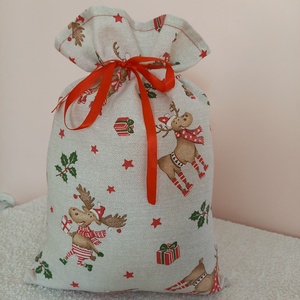 Vidám Karácsonyi Szarvasok Mikulászsák, ajándékzsák, Karácsony, Mikulás, Mikulás zsák, Varrás, MESKA