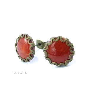 Narancs tűzzománc bedugós fülbevaló hullámos széllel, , Ékszerkészítés, Tűzzománc, MESKA