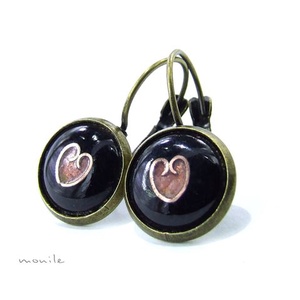 Tűzzománc fülbevaló - szíves fekete-rózsaszín, Ékszer, Fülbevaló, Lógó fülbevaló, Ékszerkészítés, Tűzzománc, MESKA