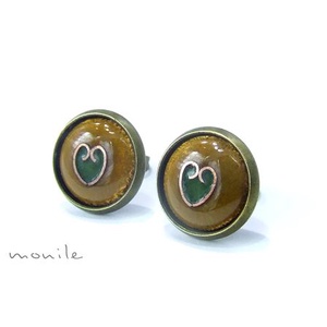 Bedugós tűzzománc fülbevaló - szíves mustársárga-zöld, Ékszer, Fülbevaló, Pötty fülbevaló, Ékszerkészítés, Tűzzománc, MESKA