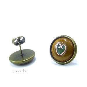 Bedugós tűzzománc fülbevaló - szíves mustársárga-zöld - ékszer - fülbevaló - pötty fülbevaló - Meska.hu