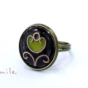 Virágos fekete-zöld tűzzománc gyűrű - ékszer - gyűrű - statement gyűrű - Meska.hu