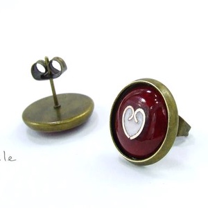 Bedugós tűzzománc fülbevaló - szíves bordó-fehér, , Ékszerkészítés, Tűzzománc, MESKA