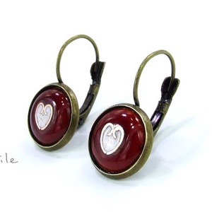 Tűzzománc fülbevaló - szíves piros-fehér, , Ékszerkészítés, Tűzzománc, MESKA