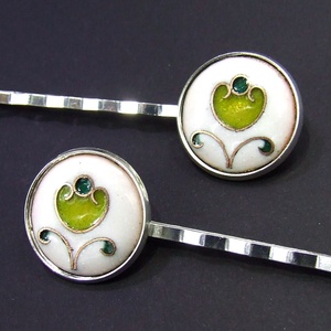 Virágos fehér-zöld tűzzománc hajcsat, Ruha & Divat, Hajdísz & Hajcsat, Hajcsat & Hajtű, Tűzzománc, Ékszerkészítés, MESKA