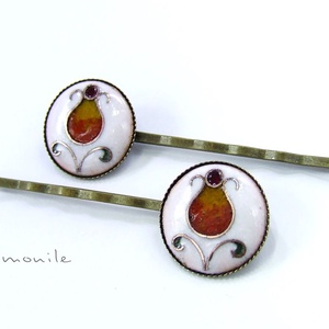 Virágos fehér-narancs tűzzománc hajcsat, , Ékszerkészítés, Tűzzománc, MESKA