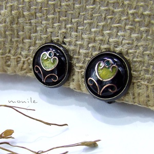 Klipsz tűzzománc fülbevaló - virágos fekete-zöld, Ékszer, Fülbevaló, Klipsz, Ékszerkészítés, Tűzzománc, MESKA