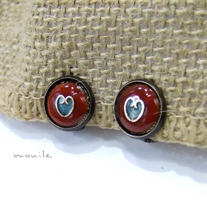 Klipsz tűzzománc fülbevaló - szíves narancs-türkiz, , Ékszerkészítés, Tűzzománc, MESKA