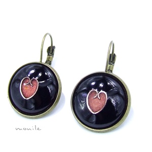 Szives fekete-rózsaszín tűzzománc fülbevaló, Ékszer, Fülbevaló, Lógós kerek fülbevaló, Ékszerkészítés, Tűzzománc, MESKA