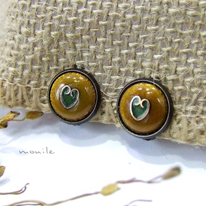 Klipsz tűzzománc fülbevaló - szíves mustársárga-zöld, Ékszer, Fülbevaló, Pötty fülbevaló, Ékszerkészítés, Tűzzománc, MESKA