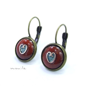 Szíves narancs-türkiz tűzzománc fülbevaló - ékszer - fülbevaló - lógós kerek fülbevaló - Meska.hu