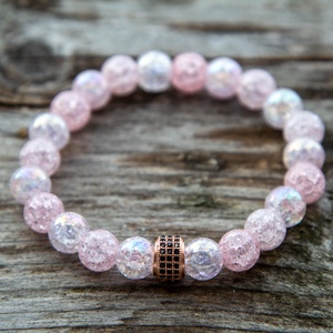 Rózsaszín aurakvarc karkötő cirkóniával, Ékszer, Karkötő, Gyöngyös karkötő, Gyöngyfűzés, gyöngyhímzés, MESKA