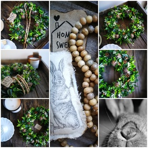 Tavaszi zöld növényes kézműves dekoráció, nyuszival - 27 cm - otthon & életmód - dekoráció - ajtó- és ablak dekoráció - ajtódísz & kopogtató - Meska.hu