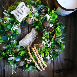 Tavaszi zöld növényes kézműves dekoráció, nyuszival - 27 cm - otthon & életmód - dekoráció - ajtó- és ablak dekoráció - ajtódísz & kopogtató - Meska.hu