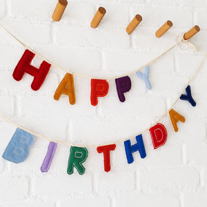 Szülinapi dekoráció - textil applikációs Happy Birthday girland, Baba - mama, Babaszoba dekoráció, Babaszoba füzér, girland , Varrás, Hímzés, MESKA