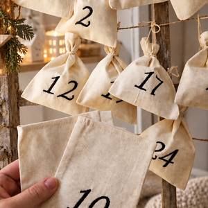 Adventi kalendárium szett, géppel hímzett fekete számokkal - 24 darabos szett - karácsony - adventi díszek - adventi naptár - Meska.hu