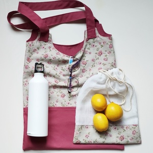 Virágos vászon szatyor és zero waste zsákocska - táska & tok - bevásárlás & shopper táska - shopper, textiltáska, szatyor - Meska.hu