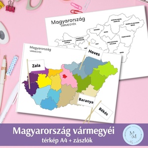 Magyarország vármegyéi térkép - A4 plakátok + térkép zászlók a vármegyék neveivel - játék & sport - készségfejlesztő és logikai játék - oktató játékok - Meska.hu
