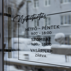 Keretes, négyzet alakú kalligrafikus feliratú nyitvatartás matrica bejárati ajtóra, kerek dizájn, személyre szabható - Meska.hu