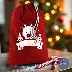 Mikulás zsák a kisgyermek nevével - Mikulás sapkás, fenyőfás, hóemberes, rénszarvasos - karácsony - mikulás - mikulás zsák - Meska.hu