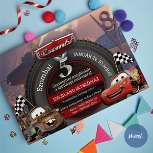 Villám McQueen és Matuka - Verdák témájú szülinapi buli meghívó, személyre szabott, kreatív névfelirattal - A6 méret, Otthon & Életmód, Papír, írószer, Ajándékozás kellékei, Meghívó, Fotó, grafika, rajz, illusztráció, Papírművészet, MESKA