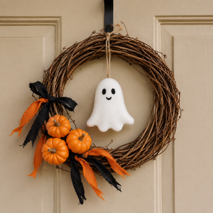 Ajándék gyertyával Halloween ajtódísz szellemmel és tökökkel - Meska.hu