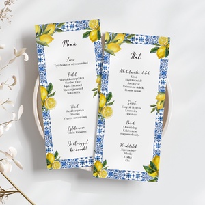 Esküvői menü és/vagy itallap/menüháromszög - Amalfi Ceramica (citromos, kék, amalfi part), Esküvő, Meghívó & Kártya, Meghívó, Fotó, grafika, rajz, illusztráció, MESKA