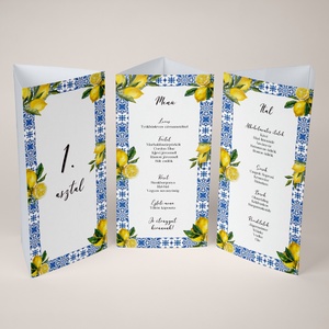 Esküvői menüháromszög/menülap/itallap/asztalszám - Amalfi Ceramica (citromos, kék, amalfi part), Esküvő, Meghívó & Kártya, Meghívó, Fotó, grafika, rajz, illusztráció, MESKA