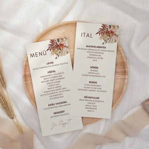 Esküvői menü és/vagy itallap/menüháromszög - Antique Bloom (Boho szárazvirágos), Esküvő, Meghívó & Kártya, Meghívó, Fotó, grafika, rajz, illusztráció, MESKA