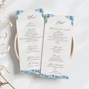 Esküvői menü és/vagy itallap/menüháromszög - Blue Dream (kék hortenzia), Esküvő, Meghívó & Kártya, Meghívó, Fotó, grafika, rajz, illusztráció, MESKA