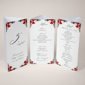 Esküvői menüháromszög/menülap/itallap/asztalszám - Essence (piros és fehér rózsás), Esküvő, Meghívó & Kártya, Meghívó, Fotó, grafika, rajz, illusztráció, MESKA